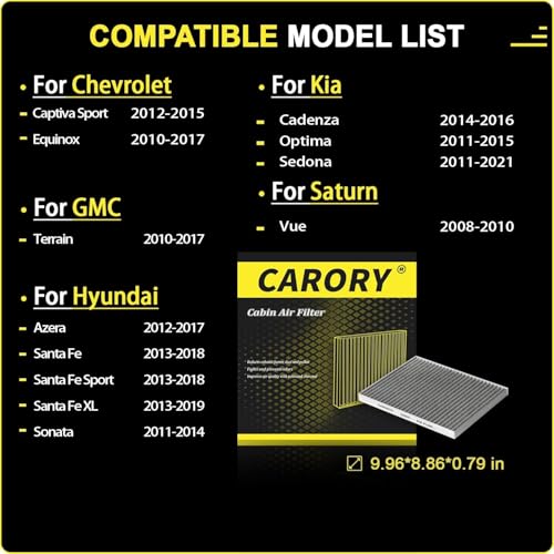 Carory Cabin Air Filter w/Activated Carbon for Some 2008-2018 Chevy, GMC, Hyundai, Kia, Saturn Models – Equinox, Sonata, Terrain, Santa Fe, Sedona, Captiva Sport, Vue, Azera, Santa Fe Sport, and More - Image 2