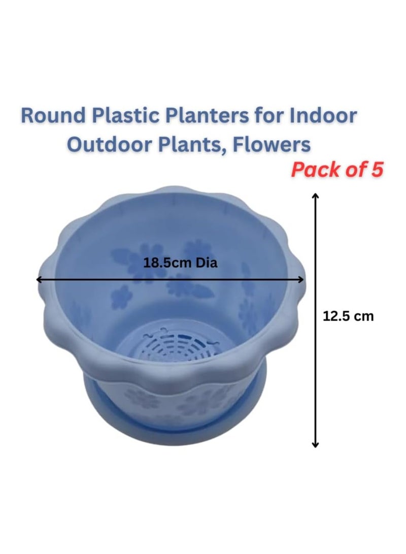 Generic FG ZAIN Round Plastic Planters for Indoor Outdoor Plants, Pack of 5, Color- Blue, Flower Pots with Drainage Holes – Lightweight Garden Containers for Herbs, Succulents  - Image 2
