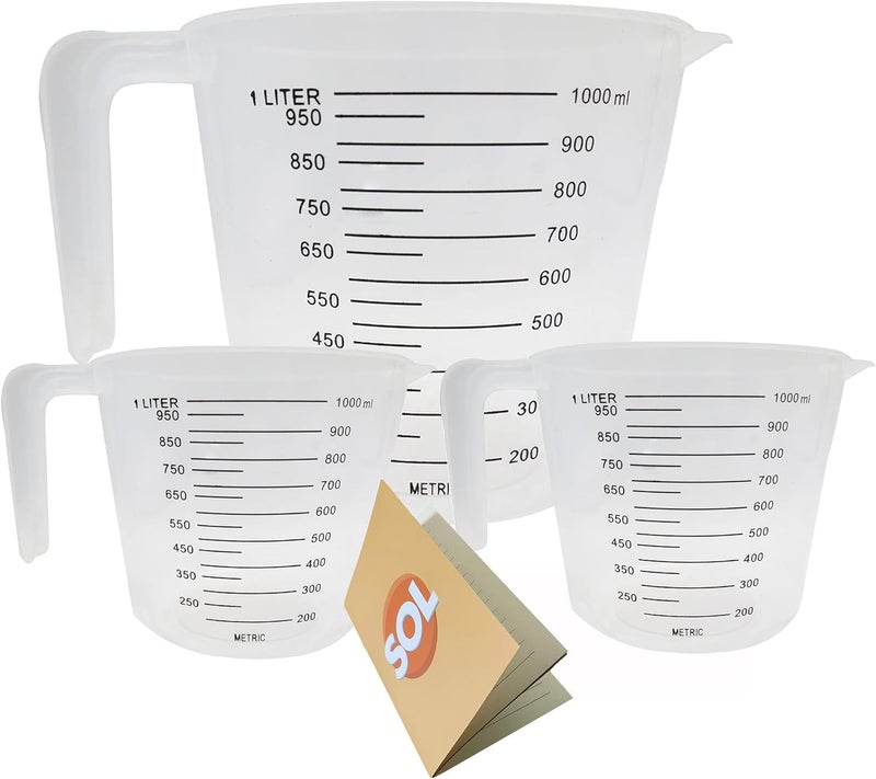 SOL أكواب قياس بلاستيكية SOL 3 حزمة سعة 1 لتر مع علامات متدرجة واضحة خفيفة الوزن وقابلة للتكديس لأغراض الطهي والخبز والخلط وتحضير المطبخ سهلة التنظيف