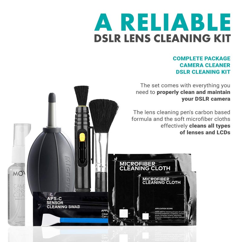 Movo Deluxe Essentials DSLR Camera Cleaning Kit with 10 APS-C Cleaning Swabs, Sensor Cleaning Fluid, Rocket Air Blower, Lens Pen, Soft Brush, 2X Small and 2X Large Microfiber Cloths and Carrying Case - Image 2