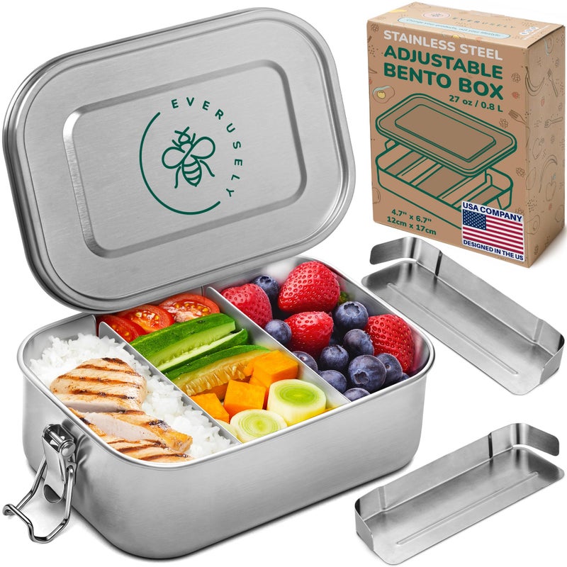Everusely Stainless Steel Lunch Box 27 oz 08 L 2 Adjustable Dividers Leakproof Snack and Salad Bento Containers for Adults Food Storage Boxes with Lids for Work Picnics Travel