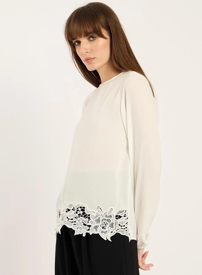 Femmella Femmella White Lace Hem Long Sleeve Top