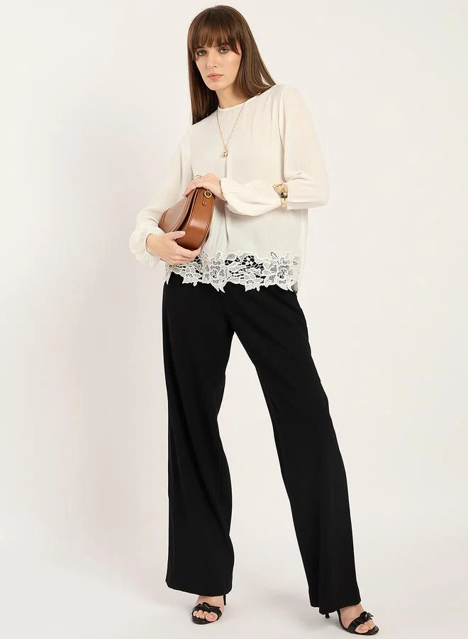Femmella Femmella White Lace Hem Long Sleeve Top