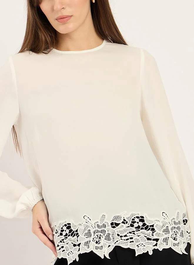 Femmella Femmella White Lace Hem Long Sleeve Top
