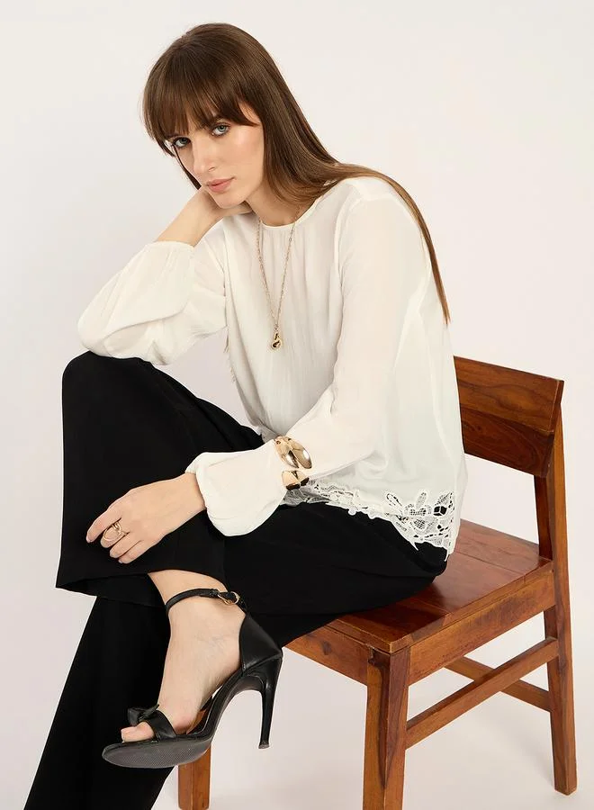 Femmella  Femmella White Lace Hem Long Sleeve Top for Women | Best Price UAE