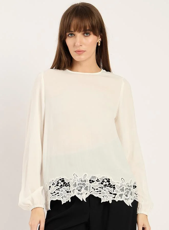Femmella White Lace Hem Long Sleeve Top