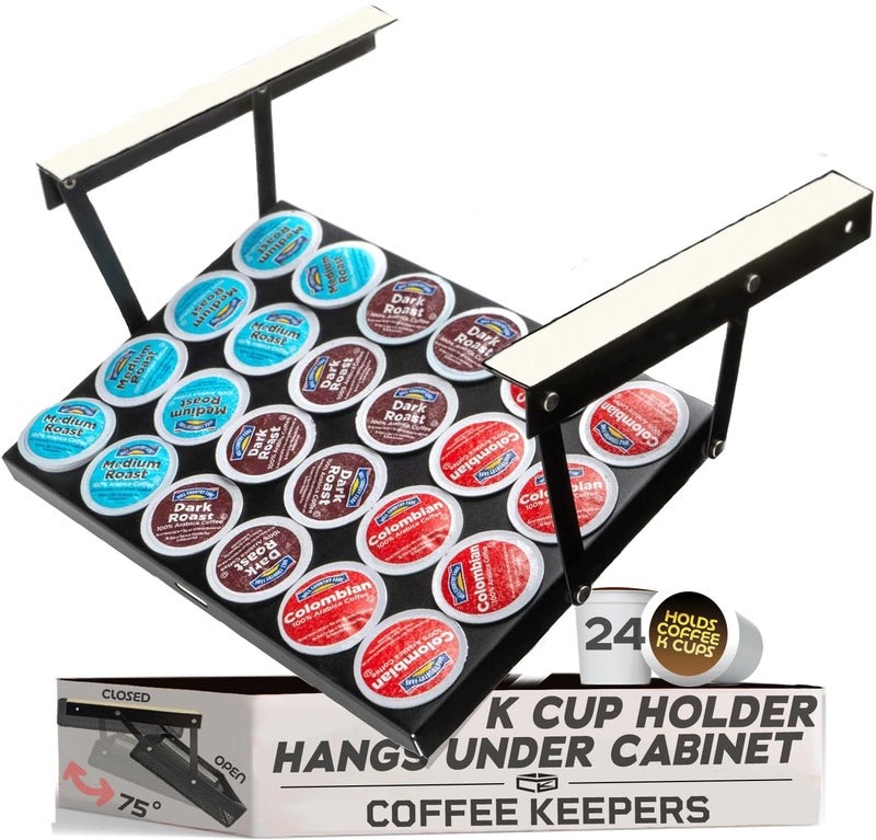 COFFEEKEEPERS Under Cabinet K Cup Holder 24 Pods  SpaceSaving Coffee Pod Holder Steel Construction  Keurig Pod Organizer for Small Spaces  Kcup Holder with Screws  Adhesive for Easy Installation  BLACK