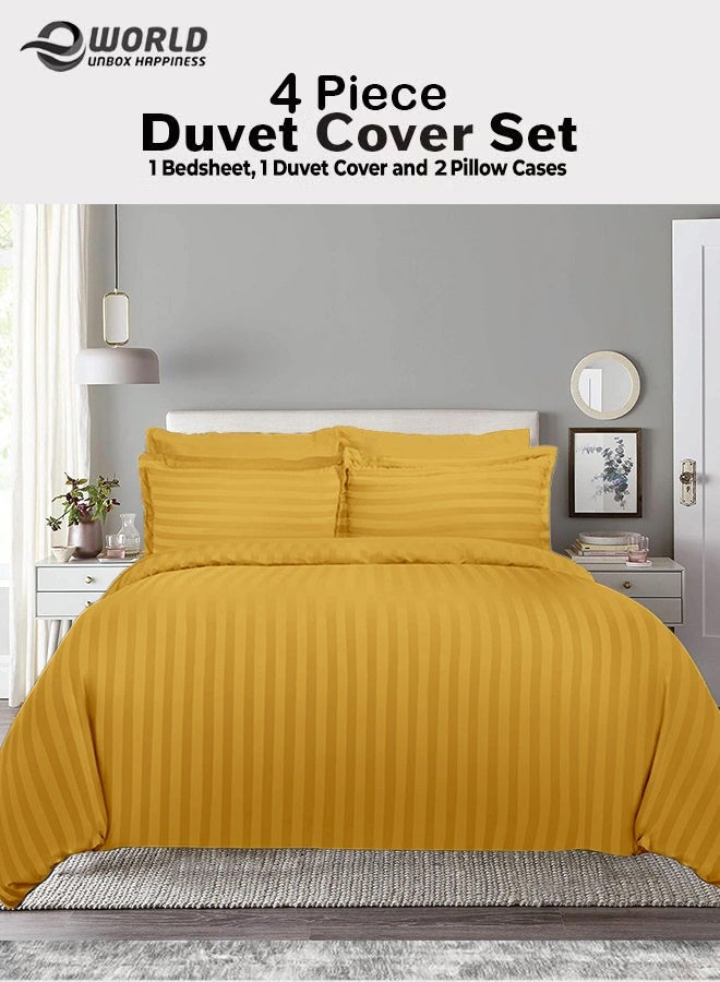 إي وورلد طقم لحاف مخطط فاخر لكل المواسم – طقم 4 قطع باللون ذهب | حجم كينغ 220×240 سم | فائق النعومة، مقاوم للتجاعيد ومصنوع في دبي | يشمل غطاء لحاف، ملاءة مطاطية (200×200 سم) و2 كيس وسادة (50×70 سم) - Image 1