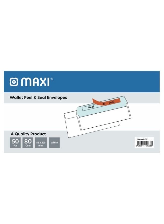 Maxi Maxi White Envelopes 80Gsm 4" X 9" inches Peel And Seal 50Pcs Pack 