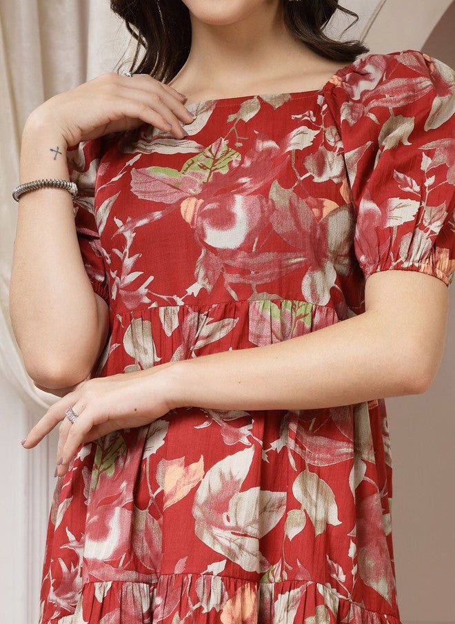Indibelle Floral Printed Puff Sleeve Fit & Flare Mini Dress - Image 2