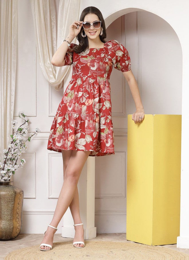 Indibelle Floral Printed Puff Sleeve Fit & Flare Mini Dress - Image 1
