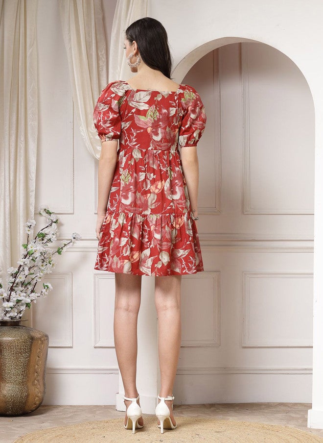 Indibelle Floral Printed Puff Sleeve Fit & Flare Mini Dress - Image 4