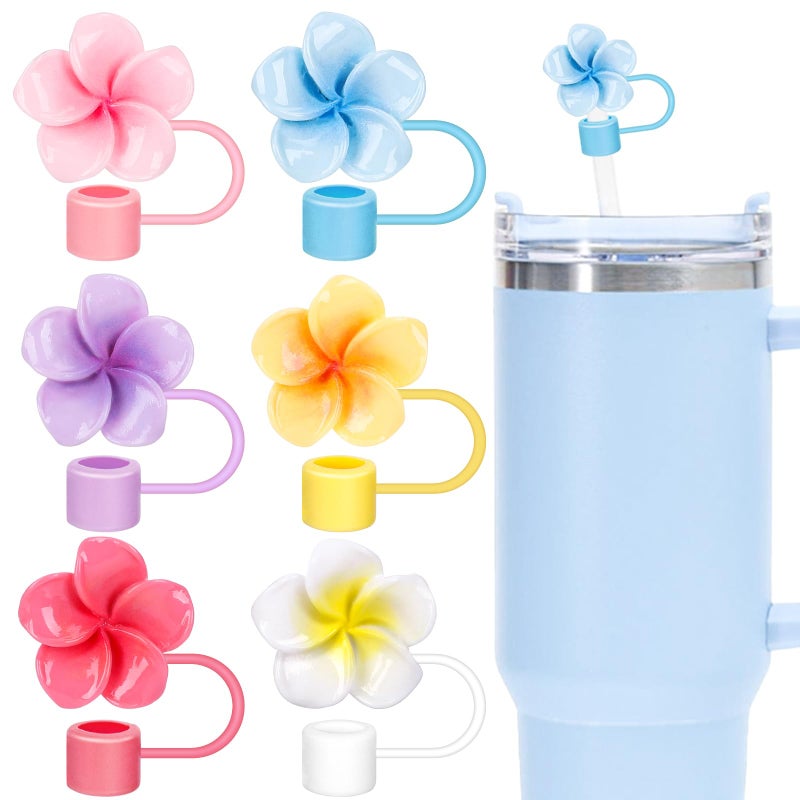 Whaline 6Pcs Summer Frangipani Flower Straw Covers Summer Hawaii Colorful Floral Portable Drinking Straw Topper Plumeria Reusable Protector Lid for 0.4in Straws, Cup Accessories - Image 1