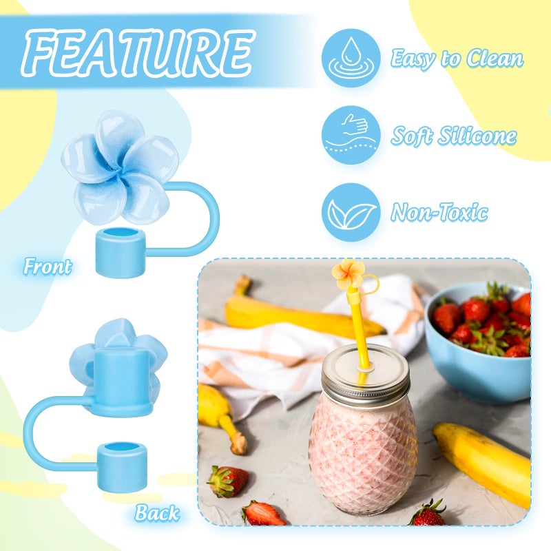 Whaline 6Pcs Summer Frangipani Flower Straw Covers Summer Hawaii Colorful Floral Portable Drinking Straw Topper Plumeria Reusable Protector Lid for 0.4in Straws, Cup Accessories - Image 3