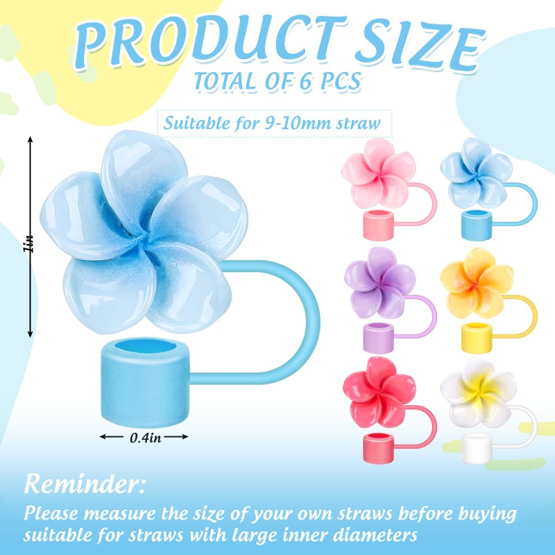 Whaline 6Pcs Summer Frangipani Flower Straw Covers Summer Hawaii Colorful Floral Portable Drinking Straw Topper Plumeria Reusable Protector Lid for 0.4in Straws, Cup Accessories - Image 2
