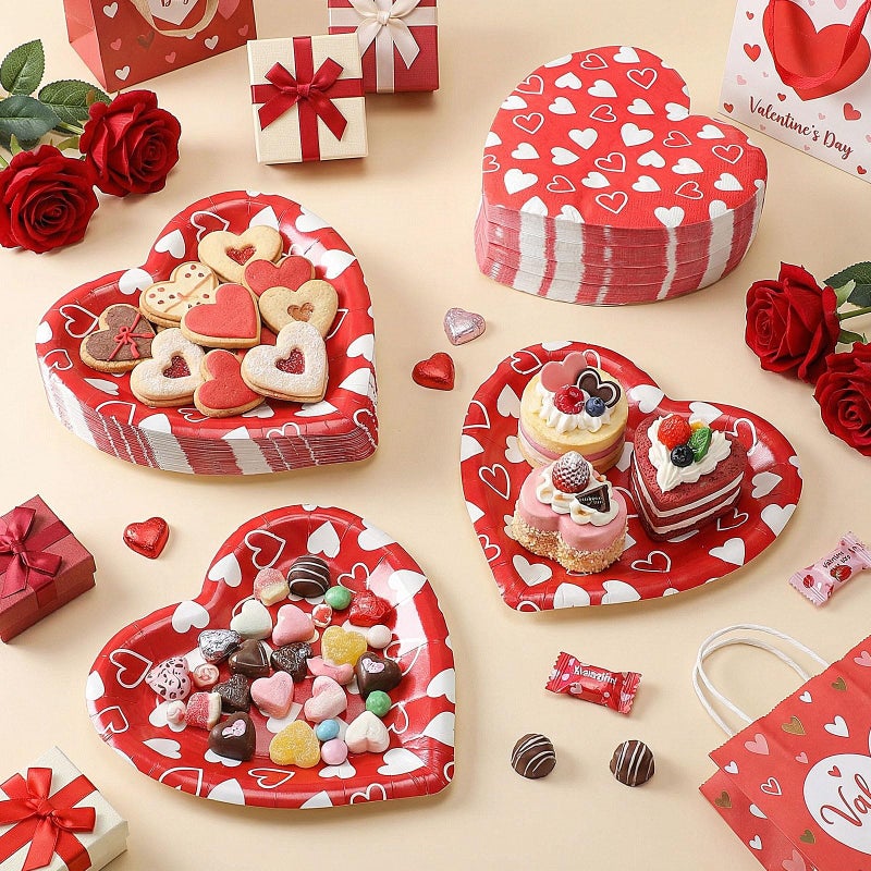 FillTouch 100 Pcs Red Heart Paper Plates with Napkins Heart Shaped Plates and Paper Napkins for Valentine Mother's Day Dinnerware Wedding Birthday Anniversary Party Favors (Novel Styles) - Image 2