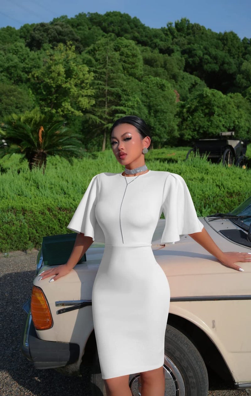 Memoriesea Women's Basic Bodycon Ruffle Flared Short Sleeve Pencil Midi Dress White - Image 4