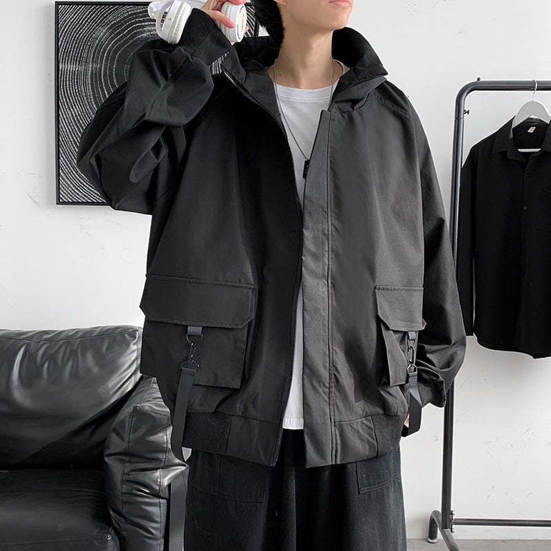 Spring Mens Casual Work Jacket Trendy Hooded Loose Fit Black 