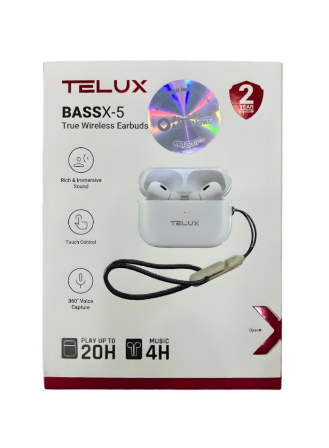 سماعات أذن لاسلكية حقيقية BASSX-5 - صوت غني وغامر - تحكم باللمس والتقاط صوت بزاوية 360 درجة