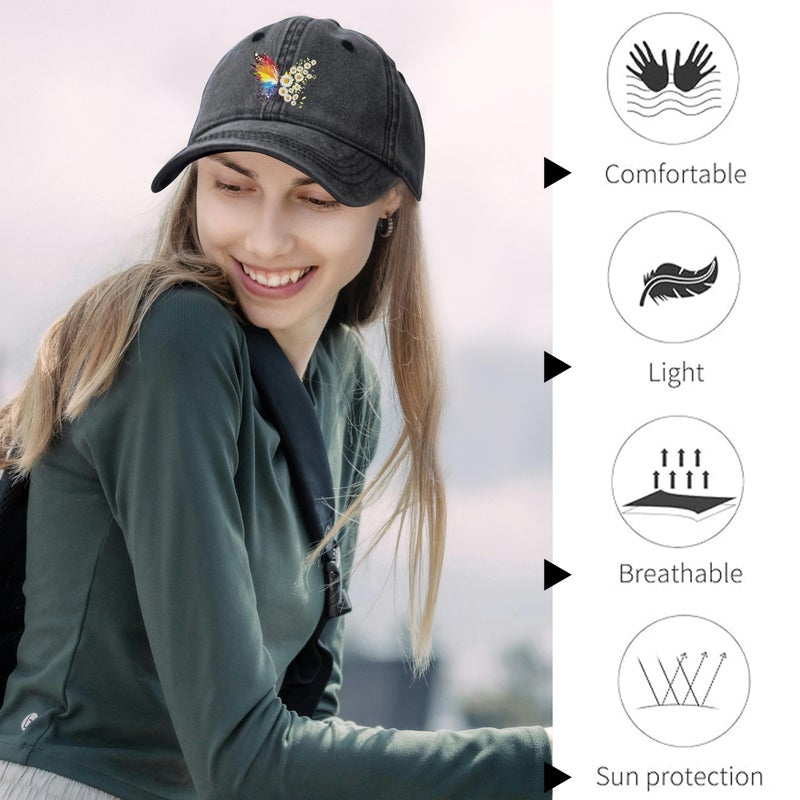 Negi Rainbow Butterfly Hat Women Baseball Cap Stylish Butterfly Flower Ball Cap Fitted for Women Washed Distressed Cotton Baseball Hats for Men Black Low Profile Adjustable Denim Hat - Image 4