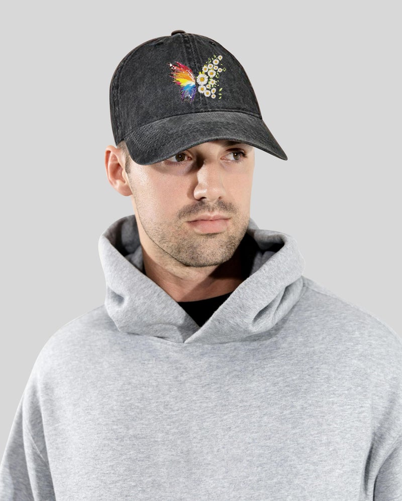 Negi Rainbow Butterfly Hat Women Baseball Cap Stylish Butterfly Flower Ball Cap Fitted for Women Washed Distressed Cotton Baseball Hats for Men Black Low Profile Adjustable Denim Hat - Image 5