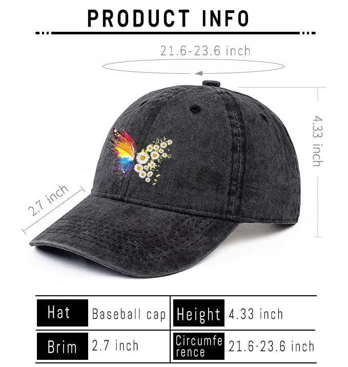 Negi Rainbow Butterfly Hat Women Baseball Cap Stylish Butterfly Flower Ball Cap Fitted for Women Washed Distressed Cotton Baseball Hats for Men Black Low Profile Adjustable Denim Hat - Image 2