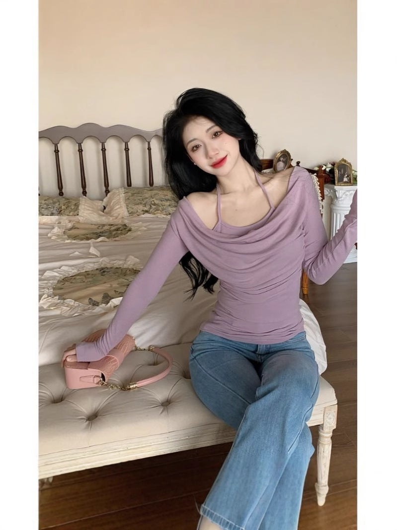 Pure Desire Style Hanging Neck Fake Two-Piece Long-Sleeved T-Shirt 2024 Early Autumn Spice Girls Slim-Fit Slimming Elegant All-Match Top - Image 2