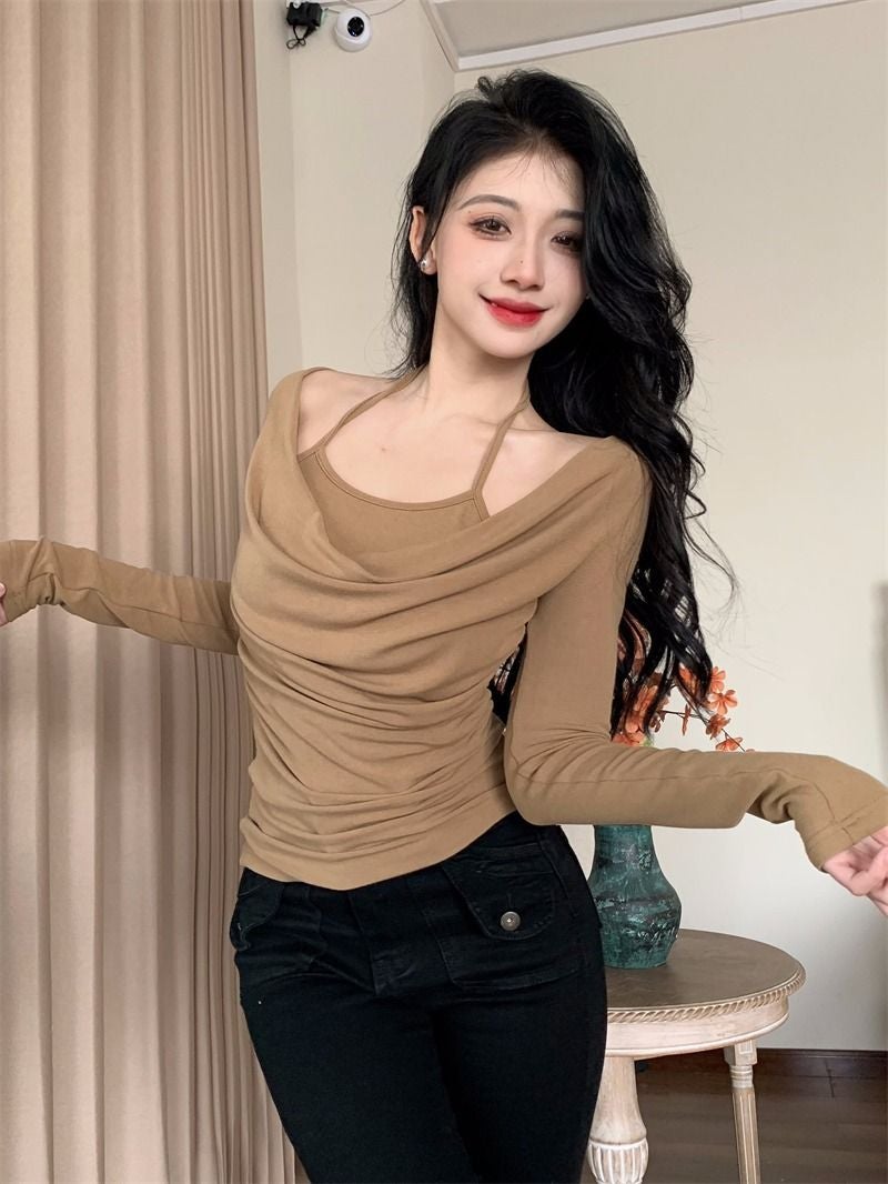 Pure Desire Style Hanging Neck Fake Two-Piece Long-Sleeved T-Shirt 2024 Early Autumn Spice Girls Slim-Fit Slimming Elegant All-Match Top - Image 5