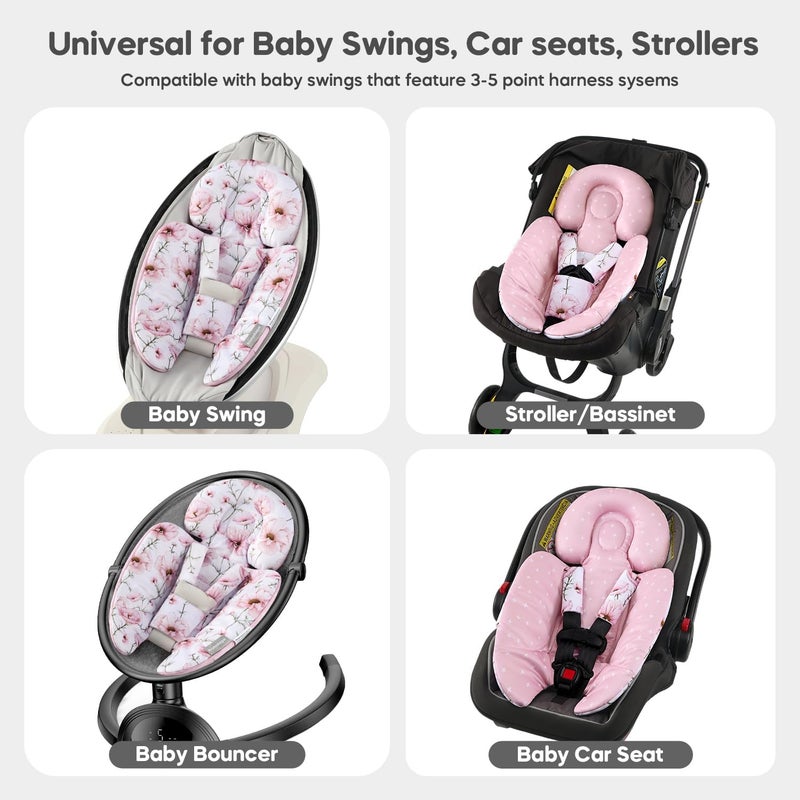 mamatepe إدراج الرضيع متوافق مع 4moms Mamaroo و Graco Swing ومقعد السيارة للرضع وعربة الأطفال وأرجوحة الأطفال الأخرى وهزاز الأطفال ومقعد القفز وسرير الأطفال حديثي الولادة - وسادة دعم الرأس والجسم، تصميم قابل للعكس - Image 3