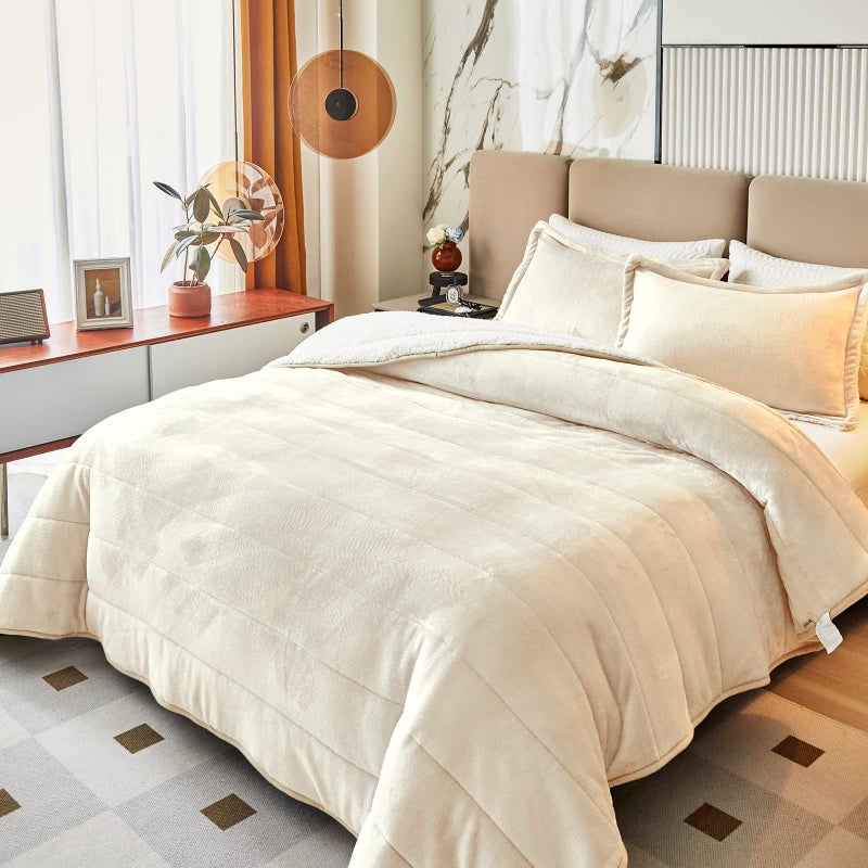 Flysheep 3Layer Luxury Flannel Fleece Thick Bed Blanket Full Queen Size Soft Plush Velvet Sherpa Blanket with 2 Pillow Shams Heavy Warm for Winter Breathable n Washable Cream White 