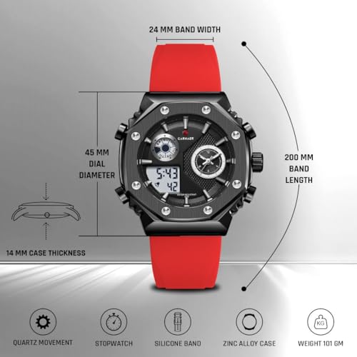 CARNAER Men’s Analog-Digital Chronograph Watch – Dual Display, Quartz Movement, Luminous Hands, Stopwatch, Zinc Alloy Case, Silicone Strap, Waterproof Sports Wristwatch for Boys (Red-Black) - Image 2