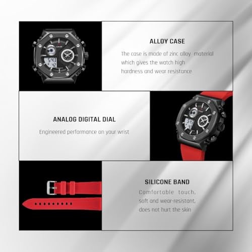 CARNAER Men’s Analog-Digital Chronograph Watch – Dual Display, Quartz Movement, Luminous Hands, Stopwatch, Zinc Alloy Case, Silicone Strap, Waterproof Sports Wristwatch for Boys (Red-Black) - Image 4