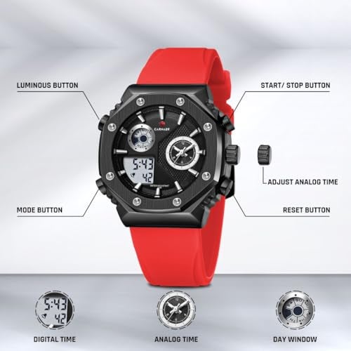 CARNAER Men’s Analog-Digital Chronograph Watch – Dual Display, Quartz Movement, Luminous Hands, Stopwatch, Zinc Alloy Case, Silicone Strap, Waterproof Sports Wristwatch for Boys (Red-Black) - Image 3