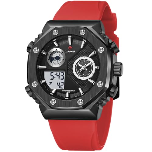 CARNAER Men’s Analog-Digital Chronograph Watch – Dual Display, Quartz Movement, Luminous Hands, Stopwatch, Zinc Alloy Case, Silicone Strap, Waterproof Sports Wristwatch for Boys (Red-Black) - Image 1