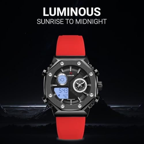 CARNAER Men’s Analog-Digital Chronograph Watch – Dual Display, Quartz Movement, Luminous Hands, Stopwatch, Zinc Alloy Case, Silicone Strap, Waterproof Sports Wristwatch for Boys (Red-Black) - Image 5