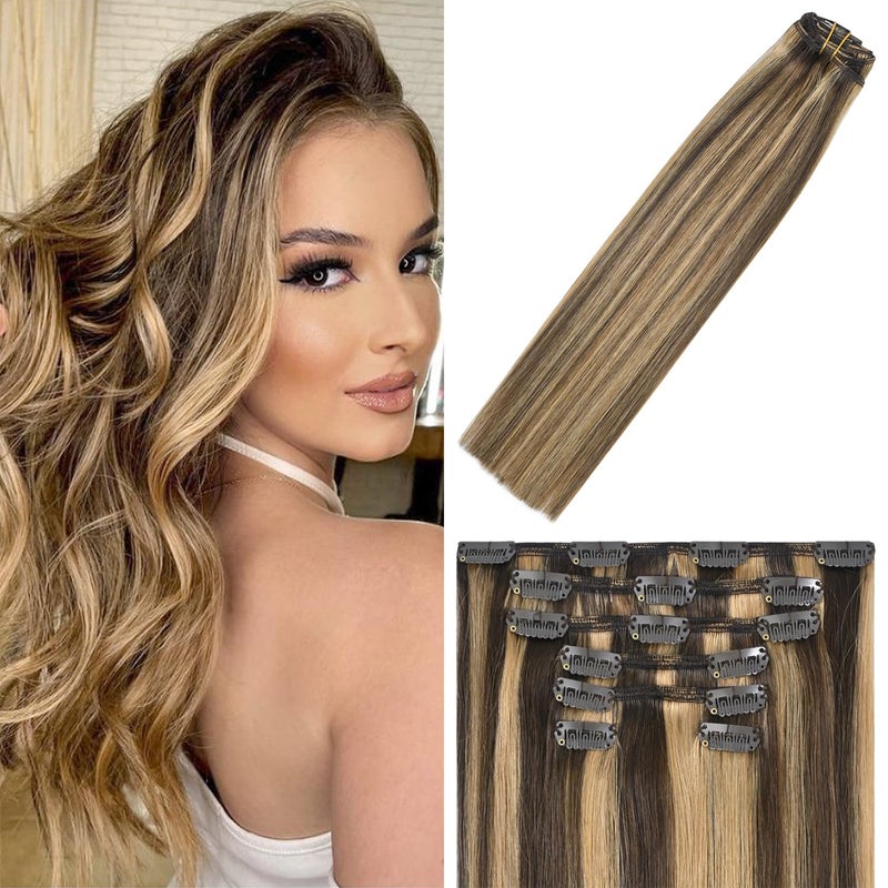 WindTouch Clip in Hair Extensions Balayage Chocolate Brown to Dark Blonde Hair Extensions For Women 15Inch 75g Blonde Human Hair 7PCS 4p27