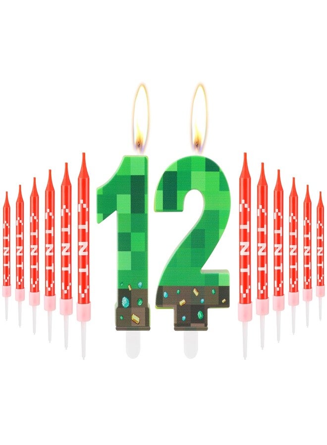 iNINGER Green Number 12 Candle,Pixel Birthday Cake Candle Decoration Green TNT Print Themed Birthday Candles Numeral Birthday Cake Topper for Boy Girl Pixel Game Party Decoration Supplies - Image 1