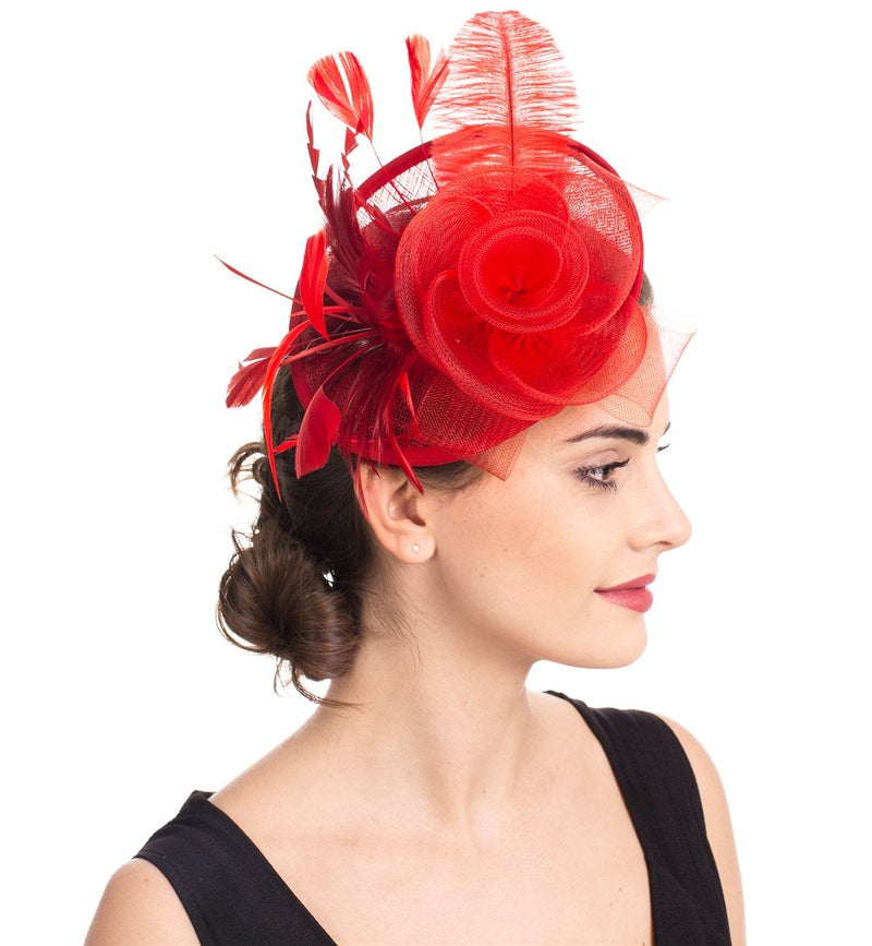 SAFERIN Fascinator for Women Hair Clip Hat Bowler Feather Flower Veil Wedding Party Hat （TA4-Red） - Image 5