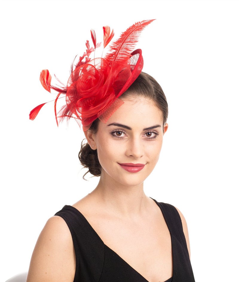 SAFERIN Fascinator for Women Hair Clip Hat Bowler Feather Flower Veil Wedding Party Hat （TA4-Red） - Image 1