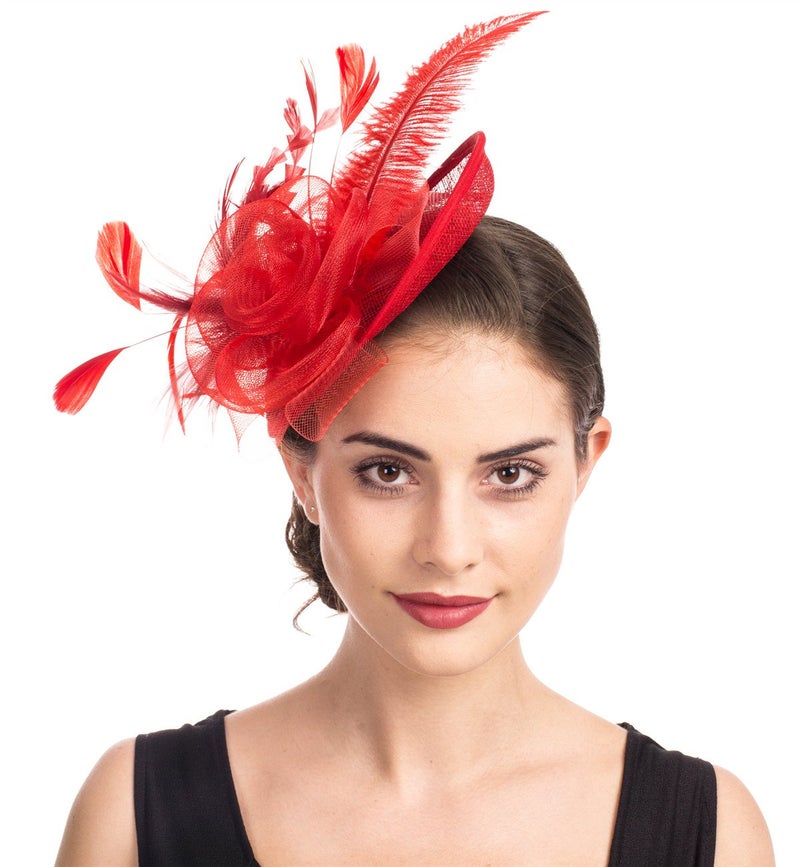 SAFERIN Fascinator for Women Hair Clip Hat Bowler Feather Flower Veil Wedding Party Hat （TA4-Red） - Image 3
