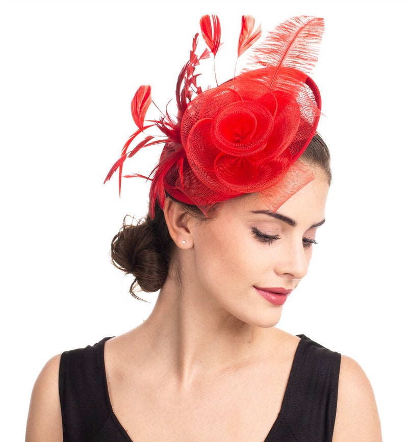 SAFERIN Fascinator for Women Hair Clip Hat Bowler Feather Flower Veil Wedding Party Hat （TA4-Red） - Image 4