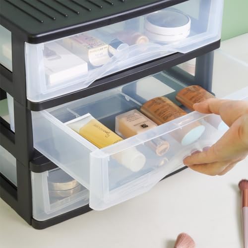 BYCY Medium 3 Drawer Plastic Clear Stacking Desktop Organizer for Office Supplies, Stackable Storage Drawers Storage Bins For Kitchen Cabinets, Pantry, Home Organization (Black, Medium 3Drawer) - Image 3