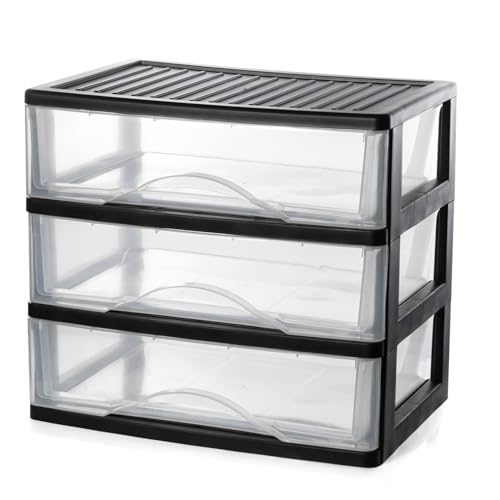 BYCY Medium 3 Drawer Plastic Clear Stacking Desktop Organizer for Office Supplies, Stackable Storage Drawers Storage Bins For Kitchen Cabinets, Pantry, Home Organization (Black, Medium 3Drawer) - Image 1