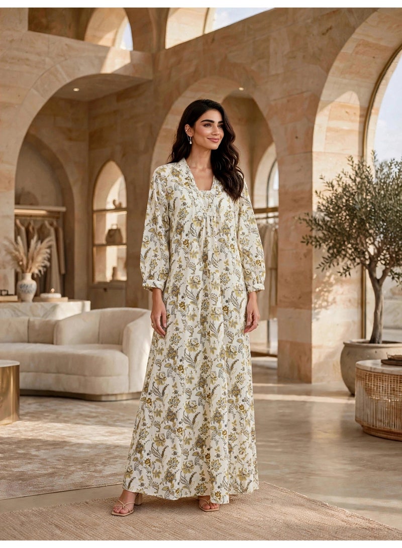 IKKXA Vintage Floral Flared Jalabiya IKTT03Yellow - Image 1