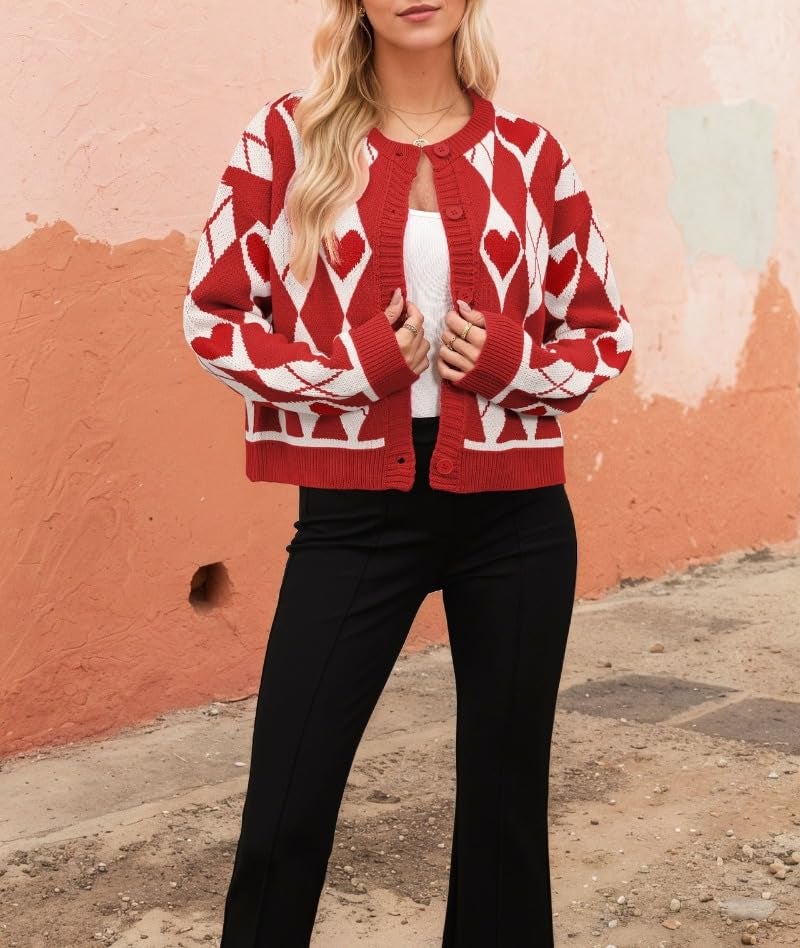 TYHOTULY Valentines Day Sweater for Women Argyle Love Heart Fall Winter Button Down Cropped Knit Preppy Cardigan Cute Clothes (Medium,Red) - Image 4