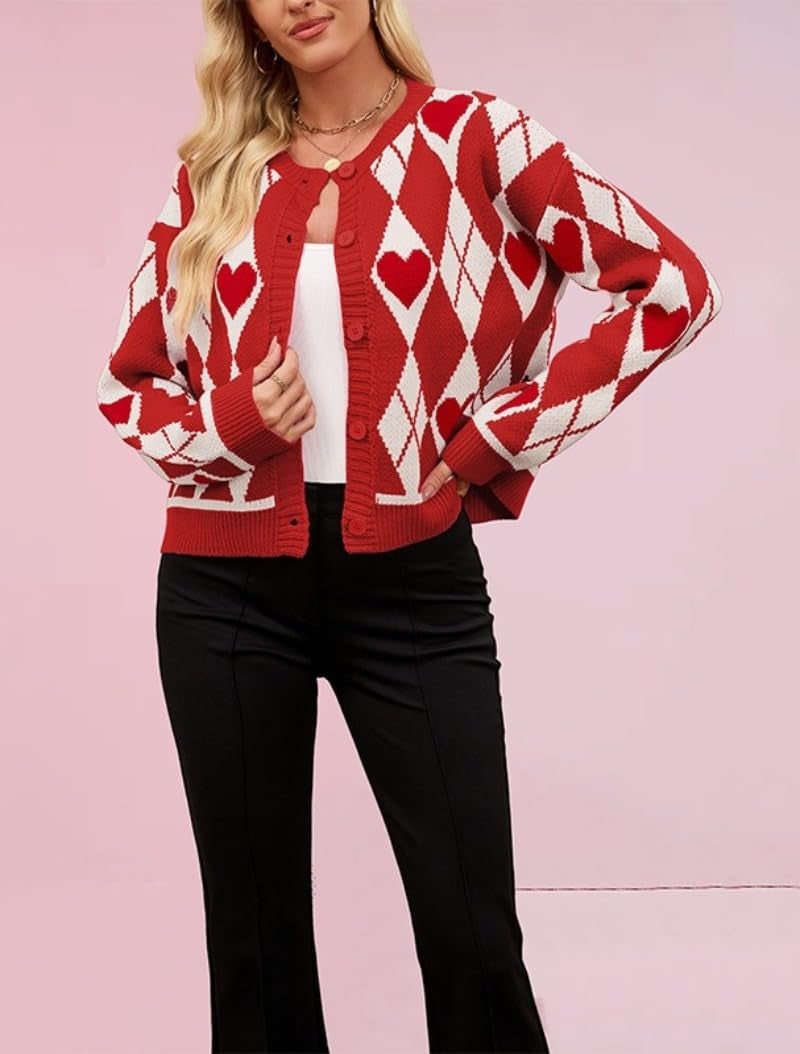 TYHOTULY Valentines Day Sweater for Women Argyle Love Heart Fall Winter Button Down Cropped Knit Preppy Cardigan Cute Clothes (Medium,Red) - Image 2
