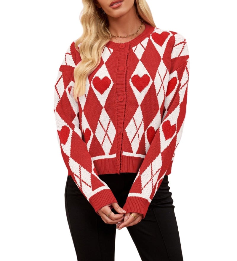 TYHOTULY Valentines Day Sweater for Women Argyle Love Heart Fall Winter Button Down Cropped Knit Preppy Cardigan Cute Clothes (Medium,Red) - Image 1