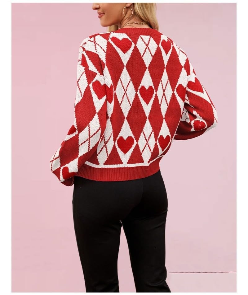 TYHOTULY Valentines Day Sweater for Women Argyle Love Heart Fall Winter Button Down Cropped Knit Preppy Cardigan Cute Clothes (Medium,Red) - Image 3