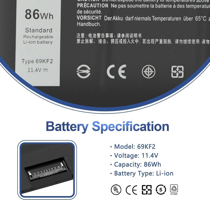 WISTAR 69kf2 Laptop Battery Compatible for DELL XPS 15 9500 9510 G15 5510 5511 5520 5521 5515 M15 R3 R4 R5 R6 R7 M17 R3 R4 Series Notebook 8fctc 11.4V 716 86wh 6-Cell Laptop Battery - Image 2