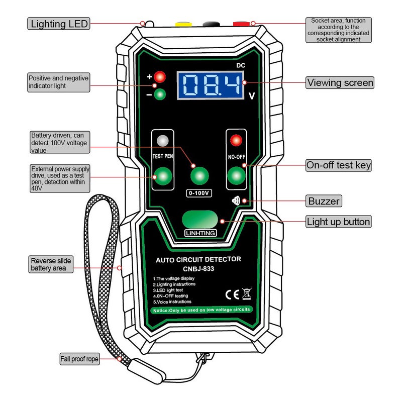 Circuit Detector 0-100VDC Measurement Range Digital Display 0.2V Error - Polarity Indicator LED Lights Buzzer Alarm Maintenance Tool for Transport Machinery Dim Light Environments - Image 3